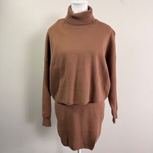 Lulus Camel Brown Knit 2 Piece Set Turtleneck Sweater and Mini Skirt Slit Small